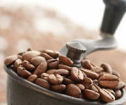 Close-up view of coffee beans in a grinder.